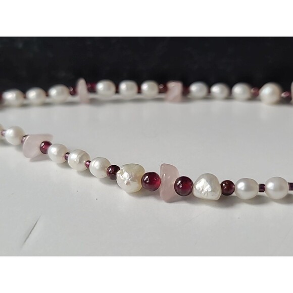 925 Sterling Silver Rose Quartz Garnet & Pearl Beaded Necklace Vintage - Picture 4 of 10